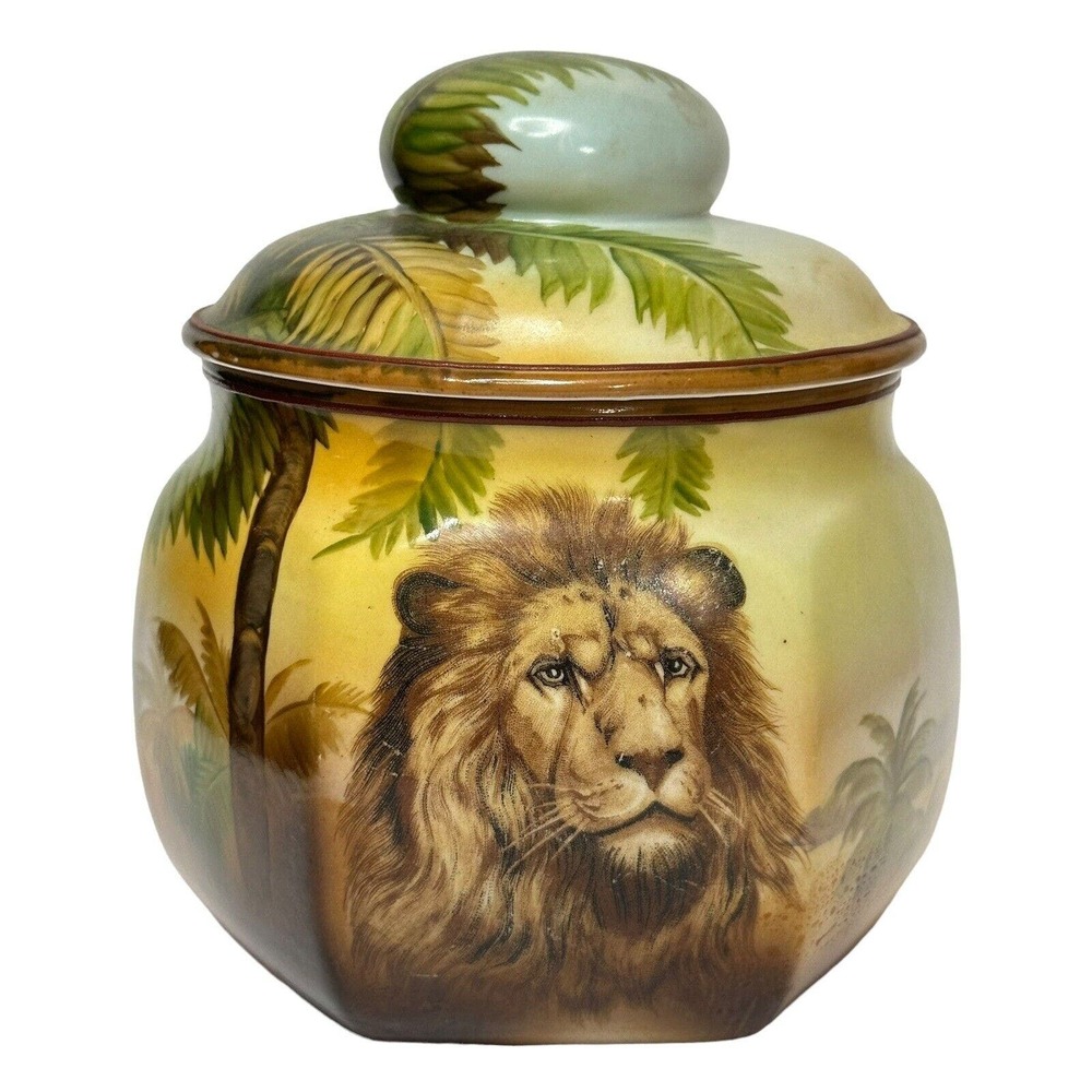 RARE Antique Noritake Lion Humidor Tobacco Jar Hand Painted Lion Palm Landscape